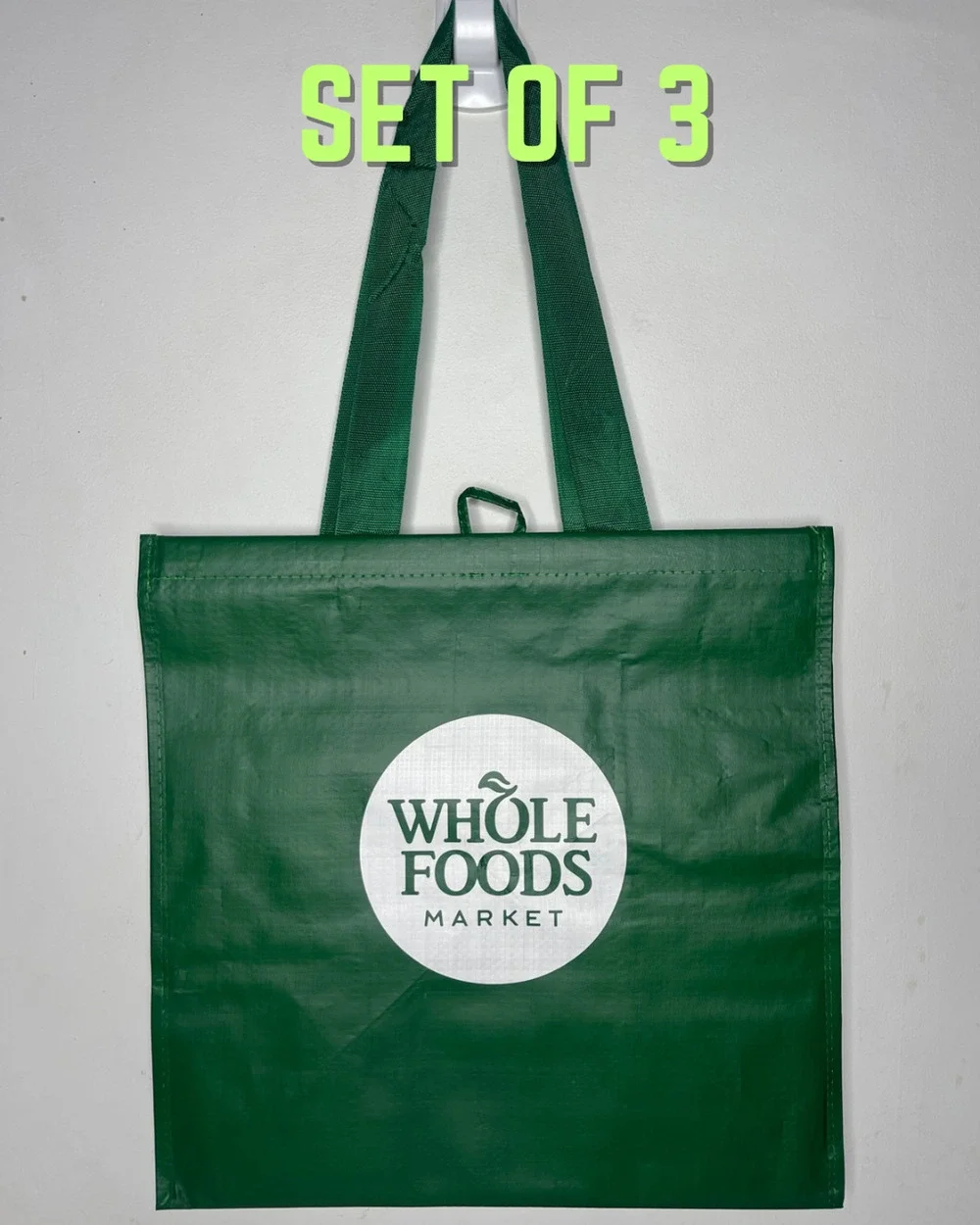 Set of 3 — Whole Foods Green Click N' Stay Collapsable Stand Up Grocery Tote Bag